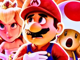 The Super Mario Bros Movie Peach Mario and Toad looking scared