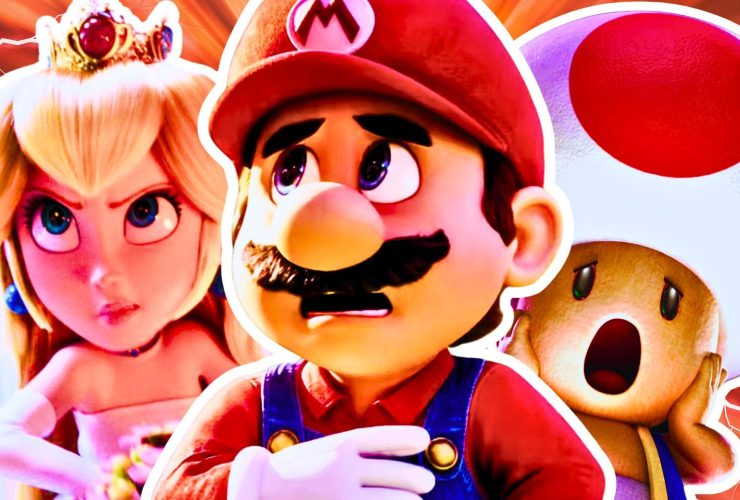 The Super Mario Bros Movie Peach Mario and Toad looking scared