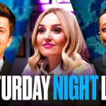 Colin Jost, Chloe Fineman, Michael Che, Saturday Night Live logo