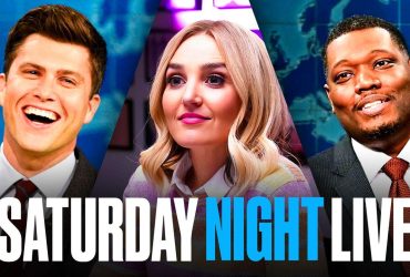 Colin Jost, Chloe Fineman, Michael Che, Saturday Night Live logo