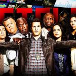 Brooklyn Nine-Nine cast, Netflix logo, Andy Samberg as Jake Peralta