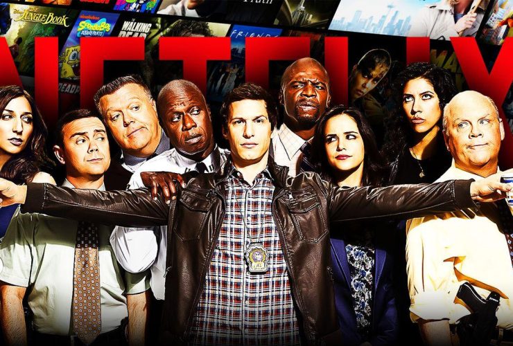 Brooklyn Nine-Nine cast, Netflix logo, Andy Samberg as Jake Peralta