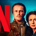 Outlander actors Sam Heughan (“Jamie Fraser”) and Caitríona Balfe (“Claire Fraser”), Netflix N logo