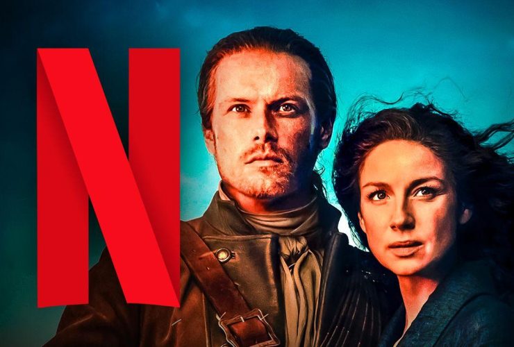 Outlander actors Sam Heughan (“Jamie Fraser”) and Caitríona Balfe (“Claire Fraser”), Netflix N logo