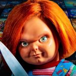 Chucky doll, show posters in background