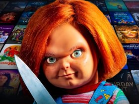 Chucky doll, show posters in background
