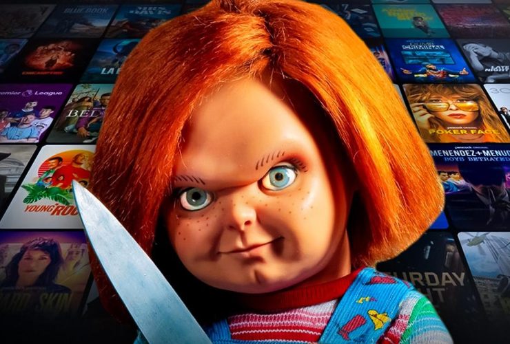 Chucky doll, show posters in background