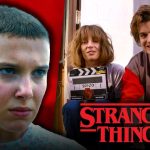 Millie Bobby Brown as Eleven, Maya Hawke and Joe Keery, Stranger Things logo