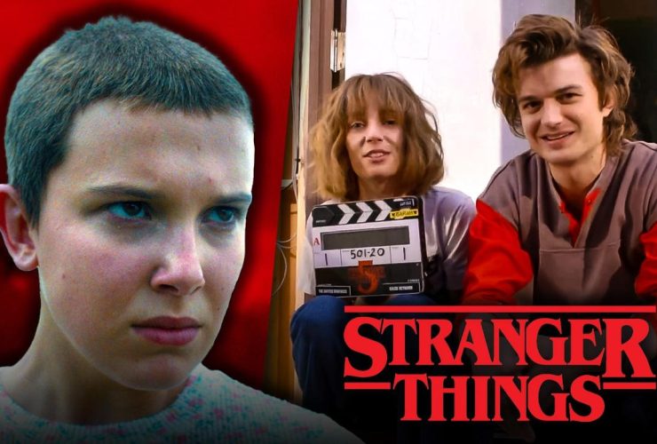 Millie Bobby Brown as Eleven, Maya Hawke and Joe Keery, Stranger Things logo