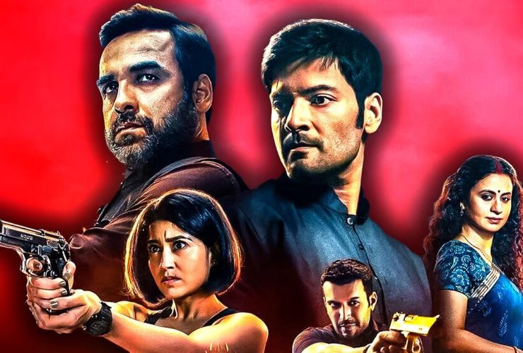 The cast of Mirzapur on a red background