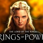 Morfydd Clark as Galadriel in The Rings of Power, The Rings of Power logo