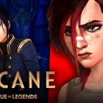 Vi and Caitlyn from Arcane Season 2, Arcane and League of Legends logos