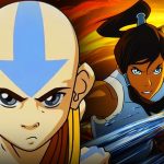 Avatar Aang in the foreground with Avatar Korra firebending in the background.