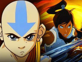 Avatar Aang in the foreground with Avatar Korra firebending in the background.