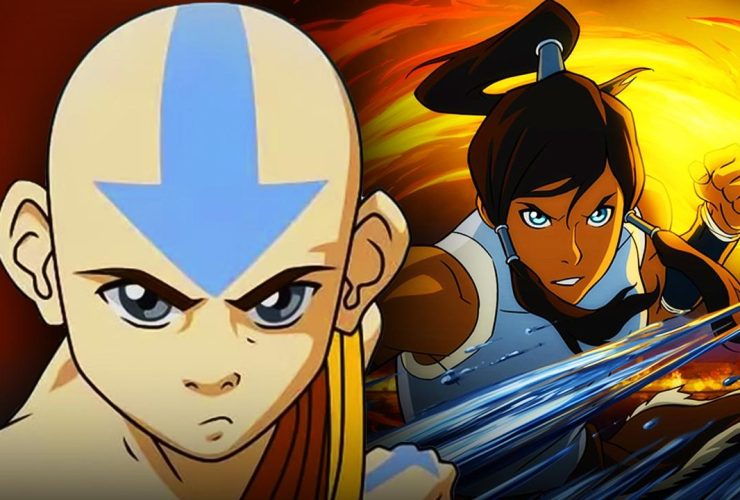 Avatar Aang in the foreground with Avatar Korra firebending in the background.