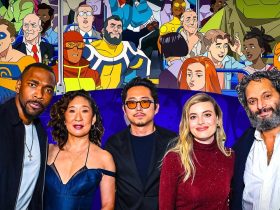 Invincible season 3 main cast members in foreground and characters in background