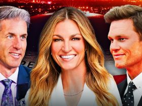 Super Bowl 2025 cast members Kevin Burkhardt, Erin Andrews, Tom Brady