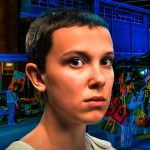 Stranger Things Millie Bobby Brown as Eleven in front of Hawkins High School