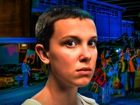 Stranger Things Millie Bobby Brown as Eleven in front of Hawkins High School