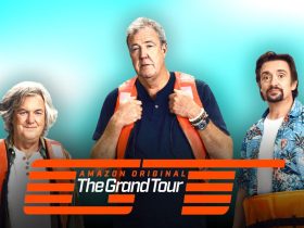 The Grand Tour logo, Jeremy Clarkson, Richard Hammond, and James May